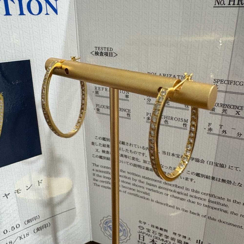 K18 18K Japan Real Gold Loop Hoop Earrings In and Out Diamonds with CERT